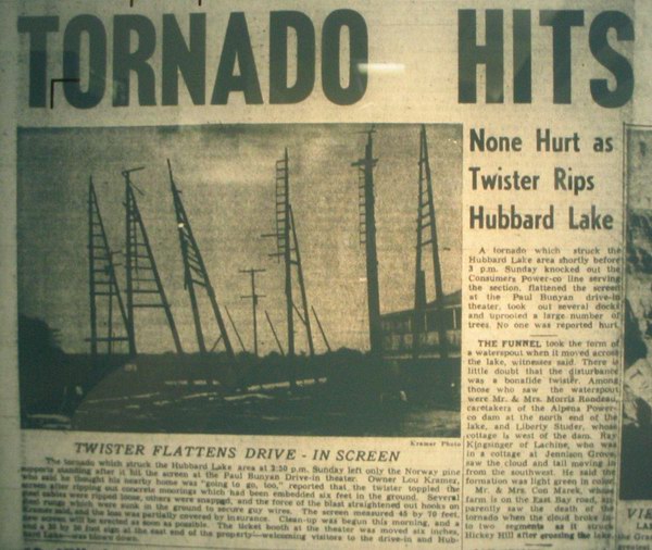 Paul Bunyan Drive-In Theatre - News Article On Tornado Incedent